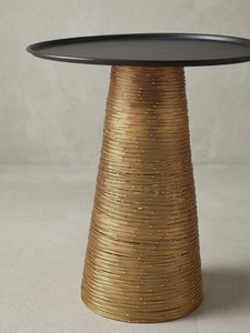 Modern <b>Round</b> Coffee <b>Table</b> With Rattan Base And Metal Top 40 Cm Diameter Minimalist Living Room Furniture - Product Image 4