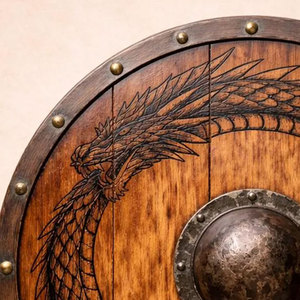 Bouclier rond en bois Viking artisanal, design traditionnel nordique, bois durable pour déguisement, exposition et décoration intérieure - Product Image 5