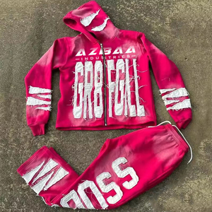 AZBAA Red Hooded Tracksuit Set <b>Full</b> <b>Zip</b> <b>Sweatshirt</b> And Sweatpants With Graffiti Print Streetwear Outfit For Adults - Product Image 6