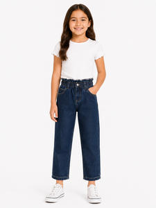 Jeans de Mezclilla Azul Oscuro para Niñas, Corte Recto, Cintura Alta, Estilo Casual, Calidad Premium, Algodón, Ajuste Regular y Cómodo - Product Image 1
