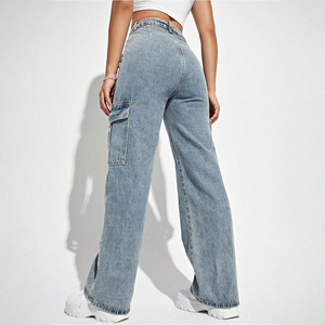 OEM ODM Pantalones vaqueros cargo de algodón 100% para mujer, transpirables, de verano, de cintura alta, corte holgado, pierna ancha, a la moda, con lavado a la piedra - Product Image 5