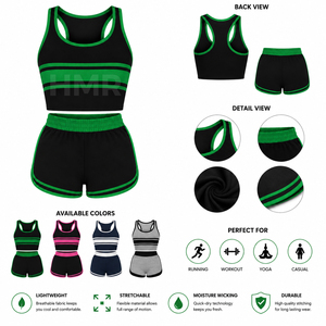 Ensemble sportif 2 pièces HMR Sorority Sisterhood, haut court rayé noir et vert, short, coupe sportive, longueur normale, tissu respirant en maille - Product Image 6