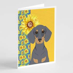 Paquete de tarjetas de felicitación caprichosas de girasoles de verano y Dachshund 8 tamaño A7 5x7 tarjetas de notas en blanco con sobres de bronceado azul - Product Image 1