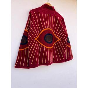 Suzani Embroidered Evil Eye Green Velvet Cotton Autumn Winter Eco-Friendly Bohemian Floral Reversible <b>Jacket</b> Gift Her Uzbek - Product Image 4