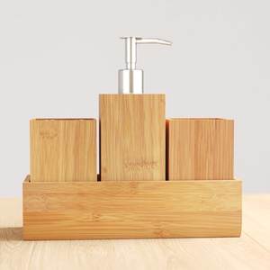 Ensemble d'accessoires de salle de bain en bois moderne avec distributeur de savon, porte-brosse à dents et support de rangement décoratif - Product Image 4