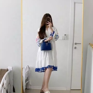 Embroidered White Cotton Tunic Dress with Blue <b>Tassel</b> Hem Hand-Embroidered Floral <b>Balloon</b> Sleeve Boho Chic Summer Dress - Product Image 1