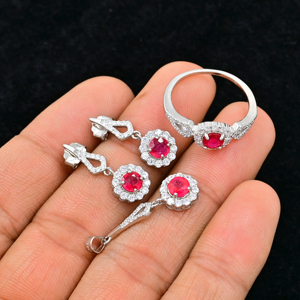 Ensemble de bijoux de mariage pour femme en argent sterling 925 plaqué or rose rubis avec boucles d'oreilles, bague, pendentif et collier - Cadeau - Product Image 2