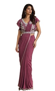 Elegant <b>Purple</b> <b>Saree</b> with Beaded Blouse Stitched Ready To Wear Sari for Women Indian Wedding Party Wear Floor Length Regular Fit - Product Image 1