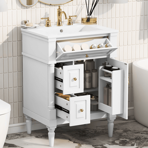 Mobile Bagno Bianco da 24 Pollici con Lavabo, Cassetto Ribaltabile, Ripiano Regolabile, Finitura Impermeabile in Legno di Gomma Massiccio - Product Image 1