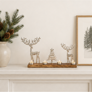 Portavelas de aluminio plateado de primera calidad con forma de reno y árbol de Navidad, con base de madera de mango natural para decoración festiva del hogar. - Product Image 6
