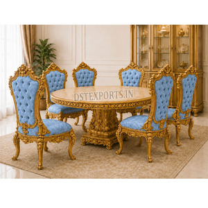 Compre un juego de comedor de 6 piezas de estilo europeo con sillas talladas en oro para el hogar, juego de comedor artesanal con temática de mansión victoriana. - Product Image 1