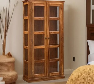 Indian <b>Wooden</b> Glass Front <b>Bookcase</b> Antique Storage Cabinet <b>Solid</b> Rosewood Display Cupboard for Home Office | Pindel Handicraft - Product Image 1