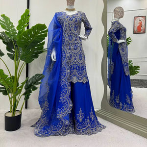 ชุดผ้าคลุมไหล่ดีไซน์เนอร์สไตล์อินเดียตะวันตกสำหรับงานปาร์ตี้ 3 ชิ้น พร้อมงานปักเลื่อม ผ้ากลับด้านได้ แห้งเร็ว ไม่ยับ - Product Image 1