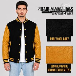 Chaqueta Varsity para Hombre con Bloques de Color, Cuerpo Negro, Mangas de Cuero PU Color Bronceado, Cierre de Botones a Presión y Cuello Alto - Product Image 5