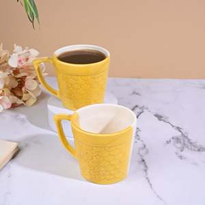 Sunlit Yellow Artistic Scale 400ml Glazed Ceramic Mug <b>Set</b> of 2 <b>Microwave</b> Safe with Creative Tray Design for Camping - Product Image 1