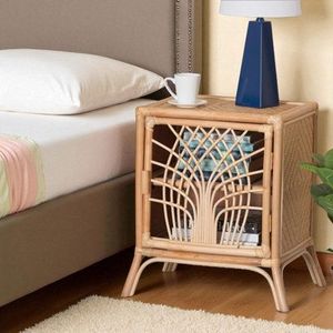 Mesita de Noche de Ratán Antigua Hecha a Mano, Mesa Auxiliar de Madera con Cajón de Almacenamiento de Mimbre Natural - Product Image 3