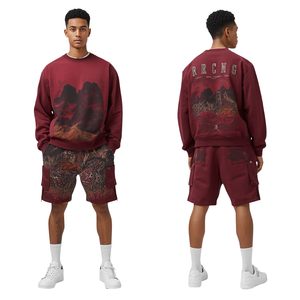 Luxury Men's Heavyweight French Terry Shorts with Crimson Terrain <b>Layered</b> Print and Premium Athletic Lifestyle Construction - Product Image 4