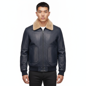 Chaqueta Bomber de Cuero Azul Marino para Hombre con Cuello de Piel, Cierre de Cremallera, Cuello Camisero, Ropa de Invierno - Product Image 2