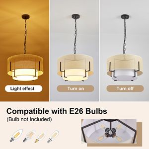 Lampadario Rustico Boho da 19,7 Pollici per Sala da Pranzo, 4 Luci, in Rattan Intrecciato a Mano con Paralume in Tessuto, Lampadario a Tamburo - Product Image 6