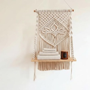 Premium Beige Macrame Wall Shelf With Wooden Rack For Home Decor Storage Display Boho Handmade Cotton Art Piece From India - Product Image 1