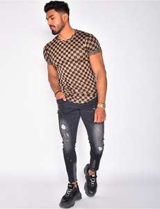Chemise décontractée à manches courtes pour homme, motif à carreaux, tricotée, respirante, pour l'été, design géométrique, col en V, 100% polyester - Product Image 1