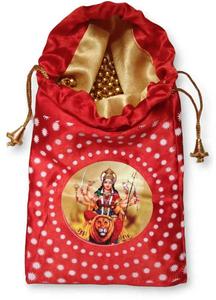 <b>Red</b> Satin Drawstring <b>Bag</b> With Goddess Durga Print For <b>Gift</b> Use - Product Image 6