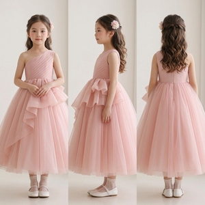 Robe de demoiselle d'honneur Celestique de luxe rose blush à une épaule, corsage plissé, nœud surdimensionné, en tulle, style princesse, robe de bal - Product Image 5