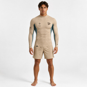 Dravelle Industry Men's Long Sleeve Rash Guard Black Teal Hex Pattern Raised Rubber Print Breathable 220g Quick Dry - Product Image 4