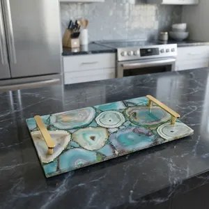 Rectangle <b>Marble</b> Agate Serving <b>Tray</b> With Gold Handles Bohemian Design Handmade Decorative Platter - Product Image 6