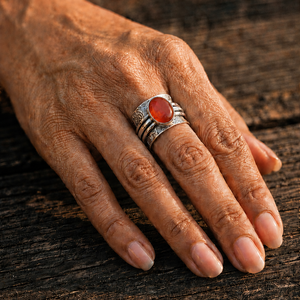 Manmade Coral <b>Ring</b> Vintage Wide Band Silver Plated Bohemian Jewelry - Product Image 3