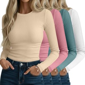 Haut côtelé en maille à manches longues pour femme, col rond, 100 % coton, tissu doux et respirant, logo avant, streetwear, décontracté, coupe confortable - Product Image 1