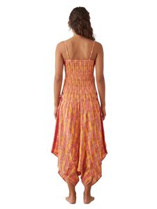 Boho Sweet Printed Striped Cotton Midi <b>Dress</b> Spaghetti Strap Loose Asymmetrical Hem <b>Elastic</b> Waist Candy Color Summer Casual Wear - Product Image 5