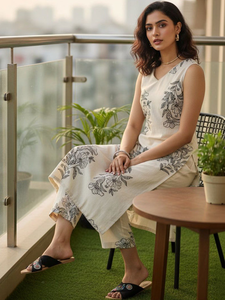 Floral Printed Sleeveless V-Neck Cotton Ankle-Length <b>Kurti</b> & Trousers <b>Women</b> Loose Fit Casual Summer Wear India Pakistan Style - Product Image 1