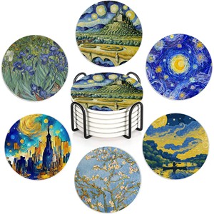 Sous-verres en bois d'acajou faits à la main avec motif artistique Van Gogh - Vente en gros - Product Image 1
