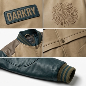 Chaqueta Varsity de Cuero Genuino Bicolor para Hombre, Diseño Topográfico con Líneas Grabadas, Acolchada, Unisex, Estilo Bomber, Ropa Urbana - Product Image 6