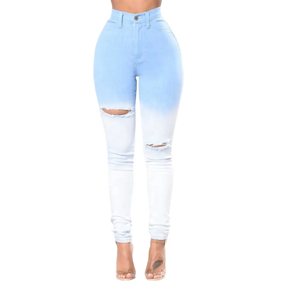High quality women's blue and white gradient hole skinny high waist long jeans