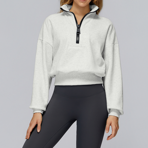Sweat-shirt court oversize pour femme avec fermeture éclair, col montant, épaules tombantes, manches longues, couleur unie, tricoté, respirant, pour l'automne - Product Image 3