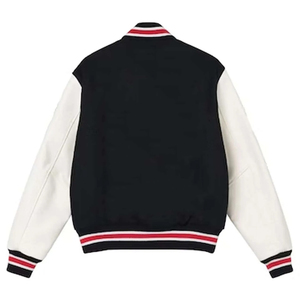 Veste varsity noire pour homme avec manches en PU crème, col rabattu, fermeture à boutons, vêtement décontracté pour l'automne - Product Image 5