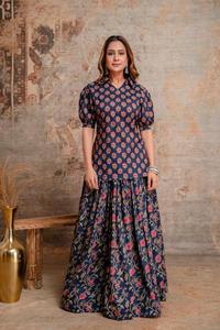 Traditional <b>Navy</b> Blue Cotton Floral Printed Kurti With Long <b>Skirt</b> & Dupatta Set For <b>Women</b> Casual Wear India Pakistan Style - Product Image 5