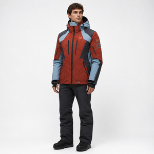 Men's Hooded Ski <b>Jacket</b> Red Blue Color Blocked <b>Waterproof</b> 10,000mm for Stretch -Tex Zipper Closure - Product Image 1