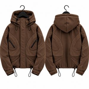 Chaqueta con Capucha Unisex Marrón, Abrigo Casual con Cierre, Diseño Color Block, 100% Algodón, Estilo Punk Desgastado, Talla Grande - Product Image 1