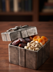 Boîte de rangement personnalisée en métal argenté sculpté pour fruits secs et dates, avec ruban cadeau, conteneur à collation - Product Image 4