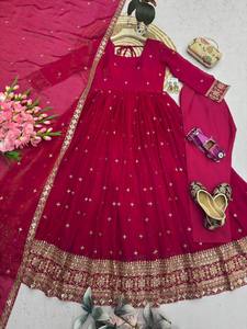 Women Traditional Floor-Length Red Gown Set With Dupatta Ethnic Wear For Wedding Indian Pakistani Style Loose Fit Dress - Product Image 2