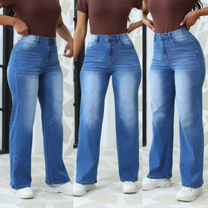 Jeans de Mezclilla Azul Claro Desgastados de Pierna Recta y Cintura Alta para Mujer, Marca Haven Apparels, con Agujeros, Casuales, Largos, Transpirables, 180g - Product Image 1