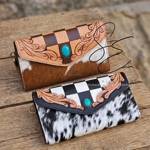 Southwest Hair On Hide Genuine <b>Leather</b> Wallet Women <b>Tooled</b> Western Clutch Cowgirl Checkered Design Wristlet with Turquoise Stone - Product Image 3