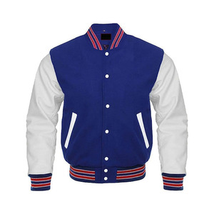 <b>Men's</b> Varsity <b>Jacket</b>, Black <b>Leather</b> Sleeves, Wool Body, Red Striped Trim, Quilted Insulated - Product Image 1
