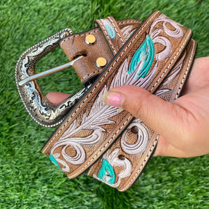 เข็มขัดหนังแท้สำหรับผู้ชายและผู้หญิง, เข็มขัดลายดอกไม้ทำด้วยมือแบบตะวันตกเข็มขัดคาดเอวหนังแท้ - Product Image 4