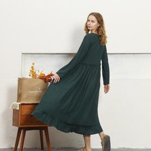 Bohemian Green Plain Cotton Linen Maxi <b>Dress</b> With O-Neck <b>Loose</b> Fit Full Sleeve Summer Casual <b>Dress</b> For Women - Product Image 3