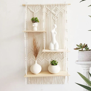 Handmade White Cotton Rope Macramé Wall Hanging <b>Shelves</b> with <b>Pine</b> Wood Multiple Tier Decorative Storage <b>Shelf</b> for Home Décor - Product Image 1