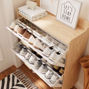 31.5 Inch Nordic Style Solid Wood Shoe <b>Storage</b> Cabinet <b>2</b> Flip <b>Drawers</b> Free-standing Organizer for Entryway Shoe Racks Stands - Product Image 6